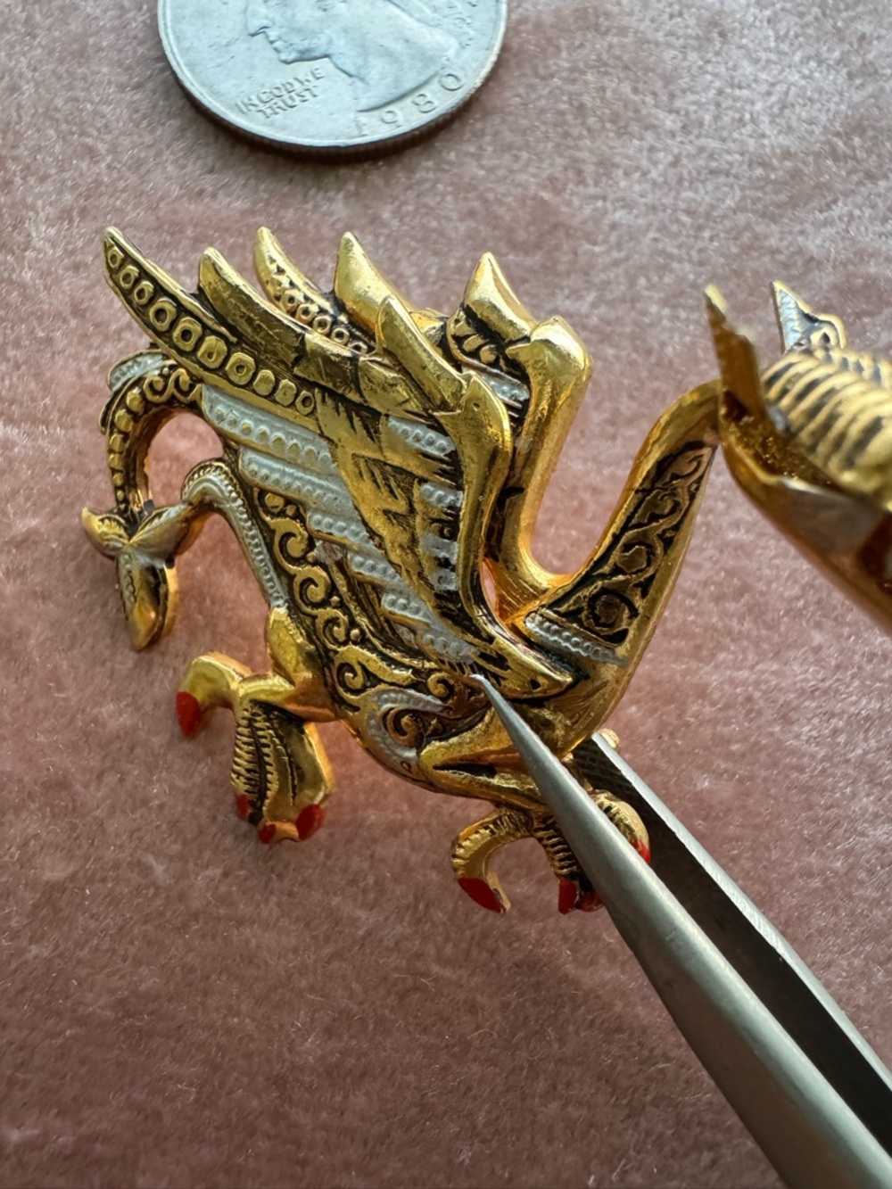 🐉 Vintage Spain Damascene Dragon Brooch Gold Tone Red Enamel Statement Pin - Picture 6 of 7